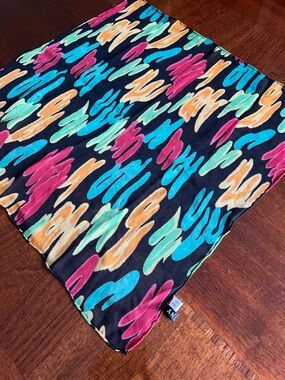 J & X NY Multicolor Abstract Print Silk Scarf - Black Background 18“ x 18“